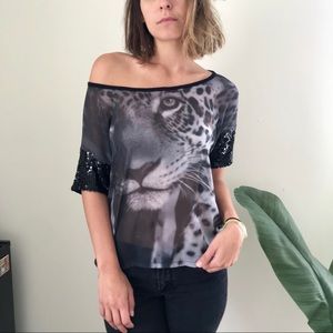 Calvin Klein tiger shirt. Black Sequin sleeves.